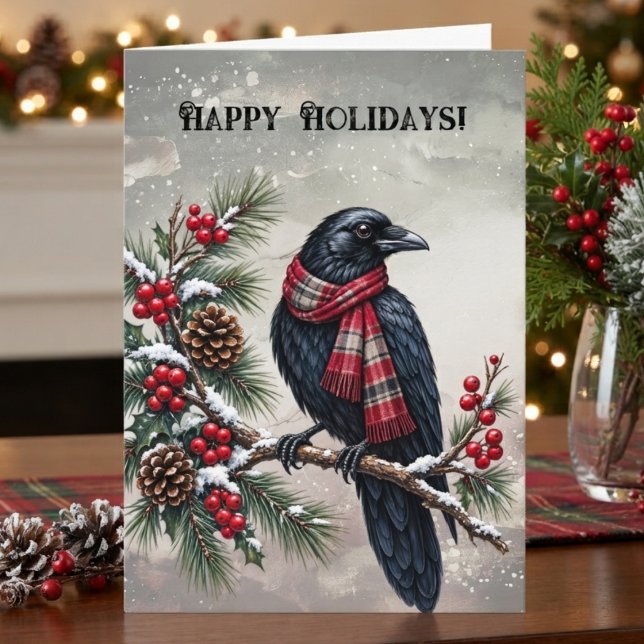 Raven Gothic Plaid Winter Card (Scarf-wearing raven holiday greeting card for friends and family.)