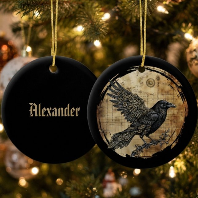 Raven Gothic Steampunk Art Ceramic Tree Decoration (Steampunk obsidian raven ceramic ornament for gothic holiday lovers and Halloween tree decor.)