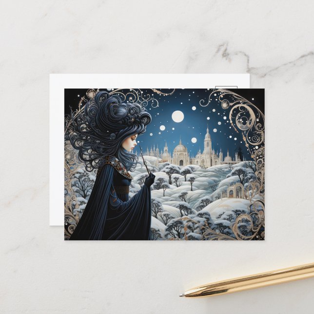 Raven-Haired Nouveau Witch Postcard (Fantasy postcard of beautiful witch done in the art noveau style.)