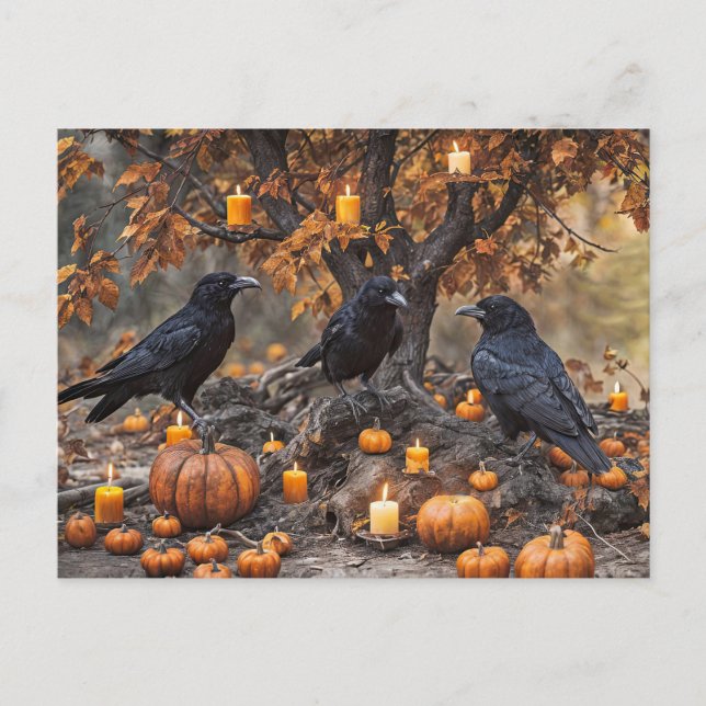 Raven Halloween with Pumpkins and Candles Holiday Postcard (Front)