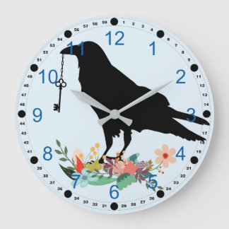 Raven Holding Key and Standing On Flowers Large Clock