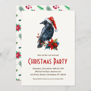 Raven in a Santa Hat Black Bird Christmas Party  Invitation