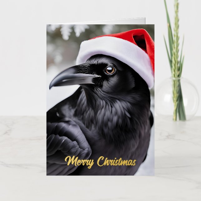 Raven in a Santa Hat Christmas Foil Greeting Card (Front)
