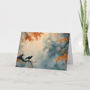 Raven in Misty Autumn Forest Card