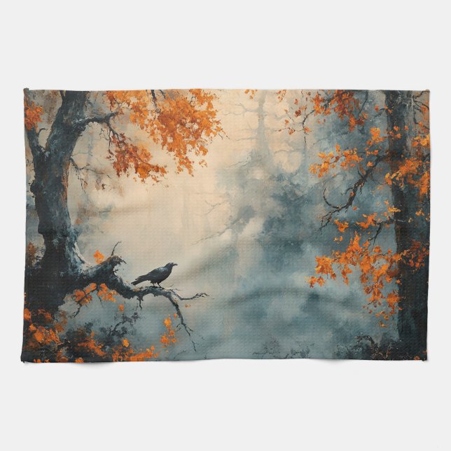 Raven in Misty Autumn Forest Tea Towel (Horizontal)