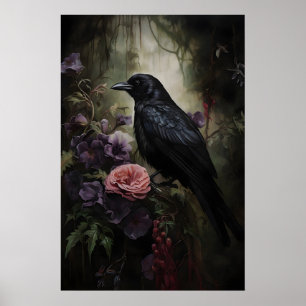 Raven In Moody Floral Forest Printable, Crow Poster