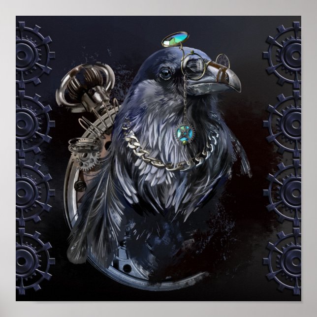 Raven in steampunk style. Watercolor drawing Poster (Front)