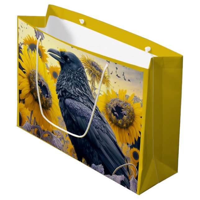 Raven in Sunflower Field Large Gift Bag (Front Angled)