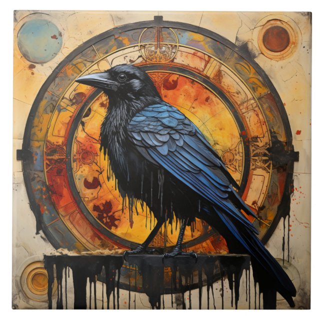 Raven Inspired Bird with Amber Clockwork Tile (Front)