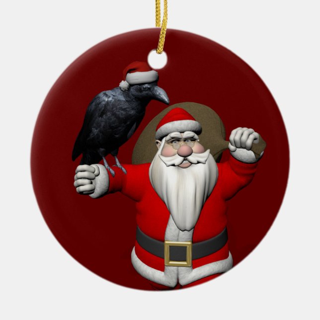 Raven Loving Santa Claus Ceramic Tree Decoration (Front)