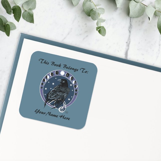 Raven Moon Phases Stars Blue Bookplate Square Sticker (Creator Uploaded)