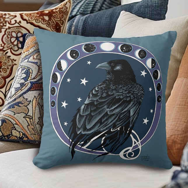 Raven Moon Phases Stars Blue Cushion (Creator Uploaded)