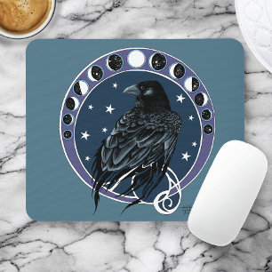 Raven Moon Phases Stars Blue Mouse Pad