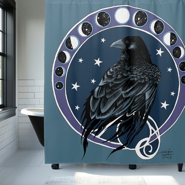 Raven Moon Phases Stars Blue Shower Curtain (Creator Uploaded)