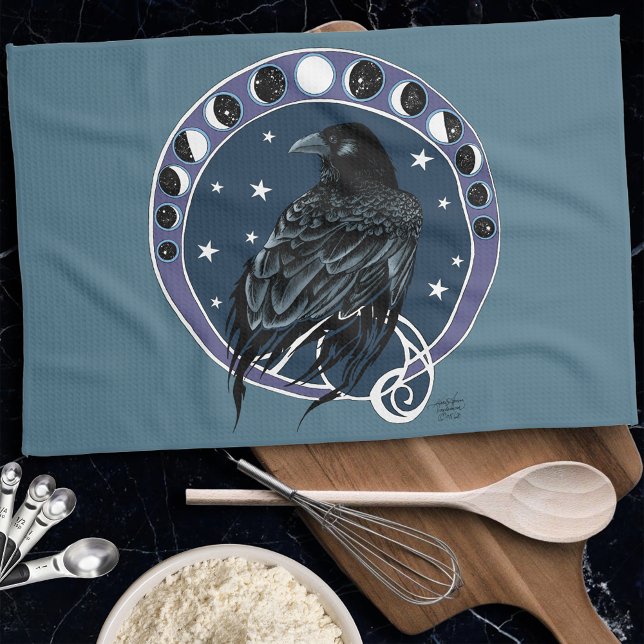 Raven Moon Phases Stars Blue Tea Towel (Creator Uploaded)