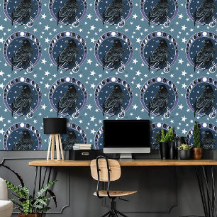 Raven Moon Phases Stars Blue Wallpaper