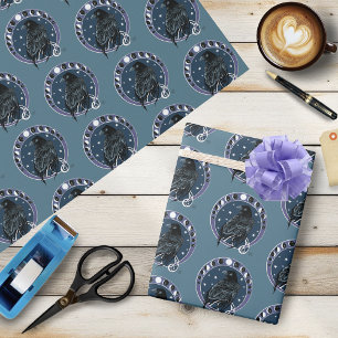 Raven Moon Phases Stars Blue Wrapping Paper