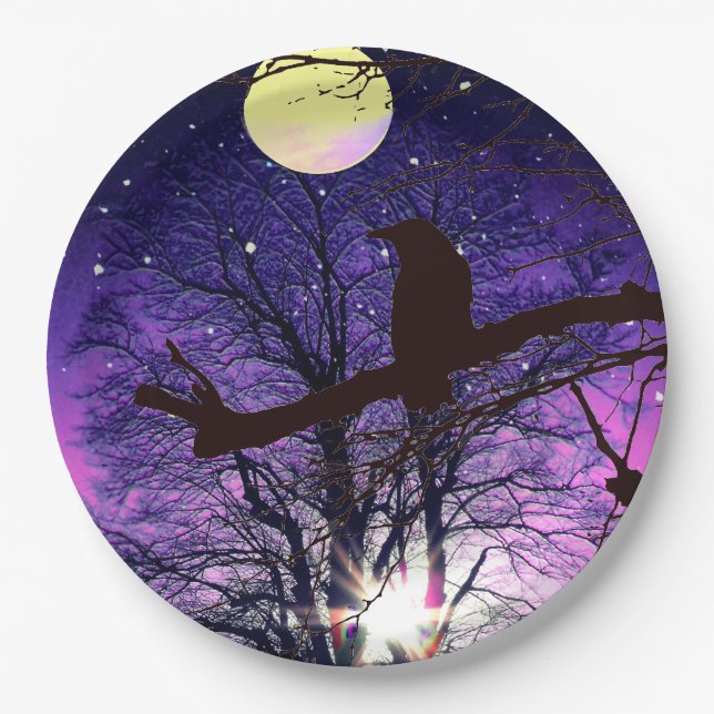 Raven,Moon, Sun, Stars, Halloween, Day of the Dead Paper Plate (Front)