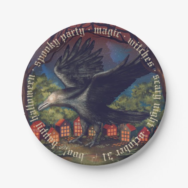 Raven Moonlight Witches Halloween Night Paper Plate (Front)