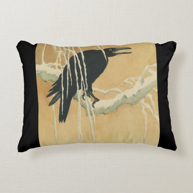 Raven on a tree branch decorative cushion (Front)