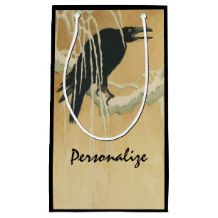 Raven on a tree branch small gift bag