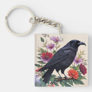 Raven on Branch Colourful Floral Art Key Ring