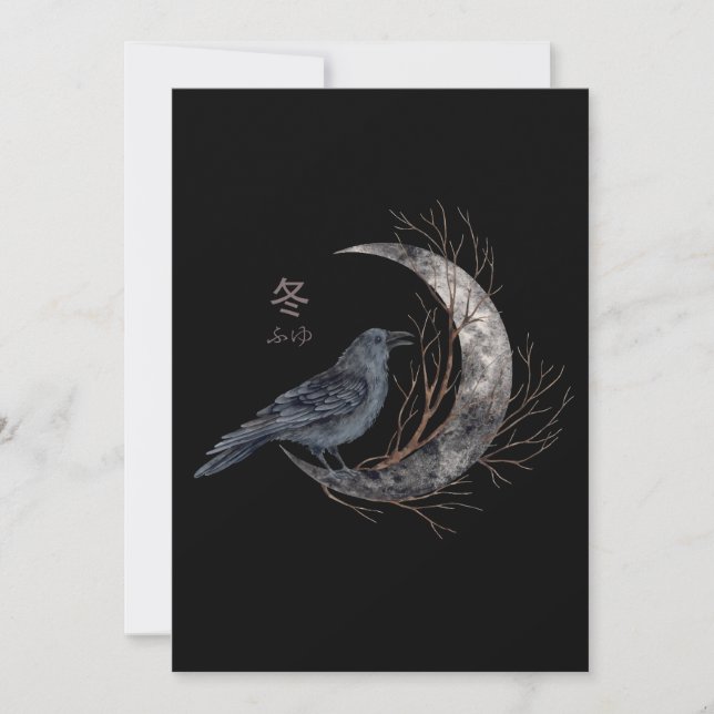 Raven on Crescent Moon with Winter Kanji Holiday Card (Front)
