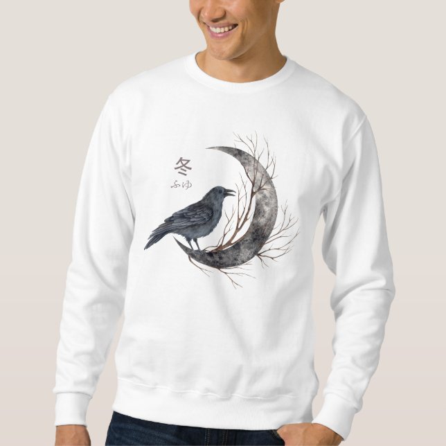 Raven on Crescent Moon with Winter Kanji Sweatshirt (Front)