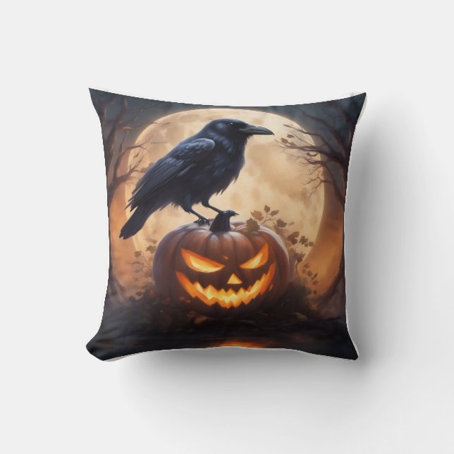 Raven on Jack-O-Lantern throw pillow (Front)