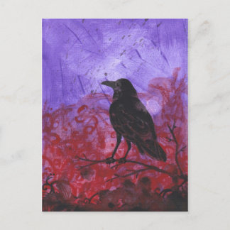 Raven on Red + Purple abstract crow art postcard