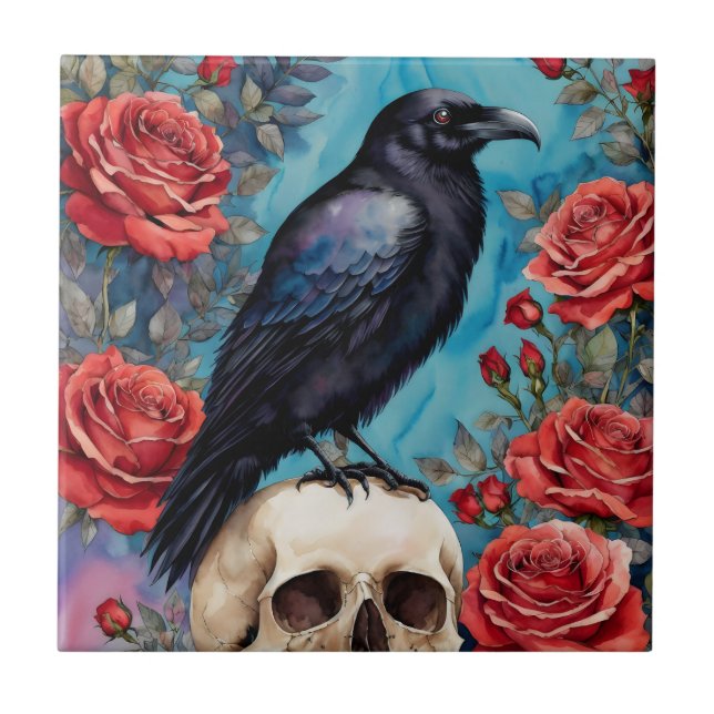 Raven On Skull Red Roses At Night Tile (Front)
