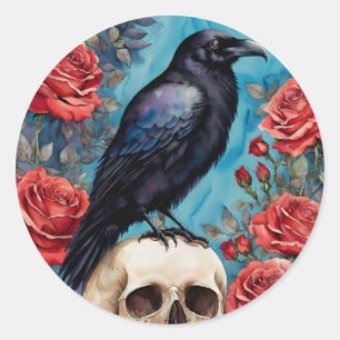 Raven On Skull Red Roses Night Classic Round Sticker