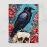 Raven On Skull Red Roses Teal Background