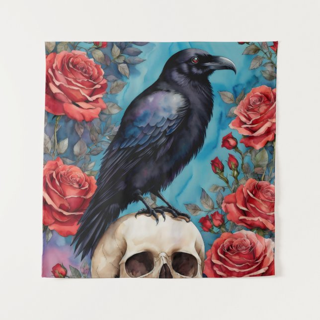 Raven On Skull Red Roses Teal Background Tapestry (Front)