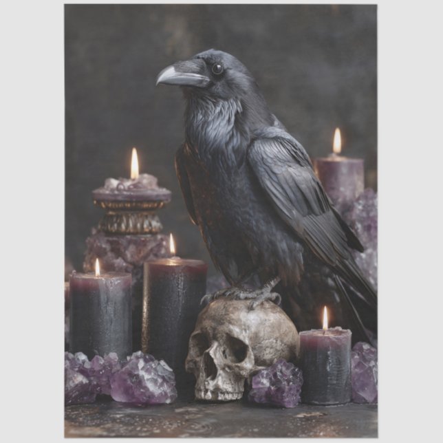 Raven on Skull with Candles and Amethyst Crystals Tissue Paper (Front)