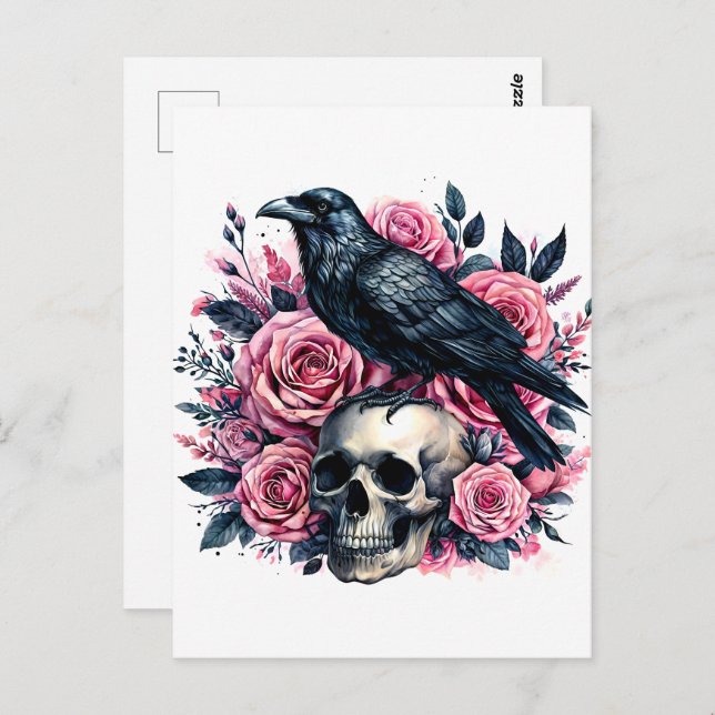 Raven On Skull With Pink Roses Watercolor Art Postcard (Front/Back)