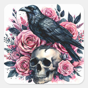 Raven On Skull With Pink Roses Watercolor Square Sticker