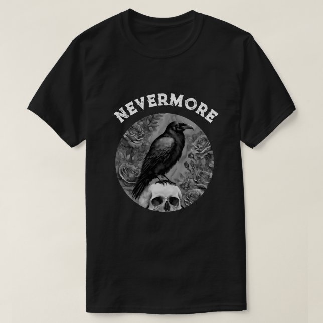 Raven On Skull With Roses Nevermore T-Shirt (Design Front)