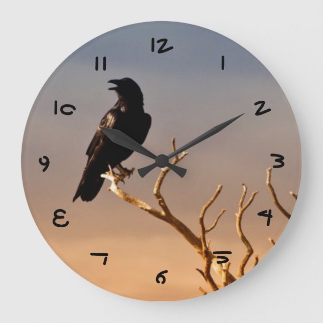 Raven on Sunlit Tree Branches, Grand Canyon Large Clock (Front)