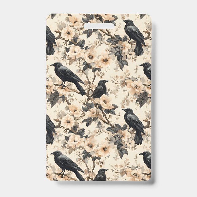Raven pattern crow floral trees Badge ID Badge (Front)