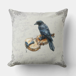 Raven Playing Acoustic Guitar Surreal Bird Music Cushion