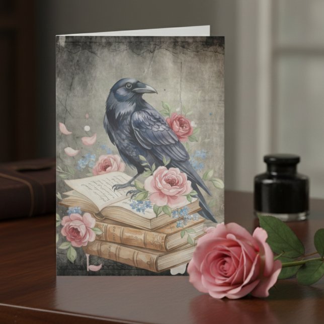 Raven & Roses - Vintage Floral Note Card (Dark Academia Victorian Gothic notecard)