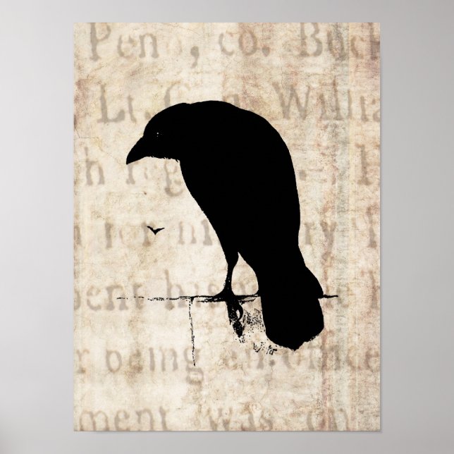 Raven Silhouette - Vintage Retro Ravens & Crows Poster (Front)