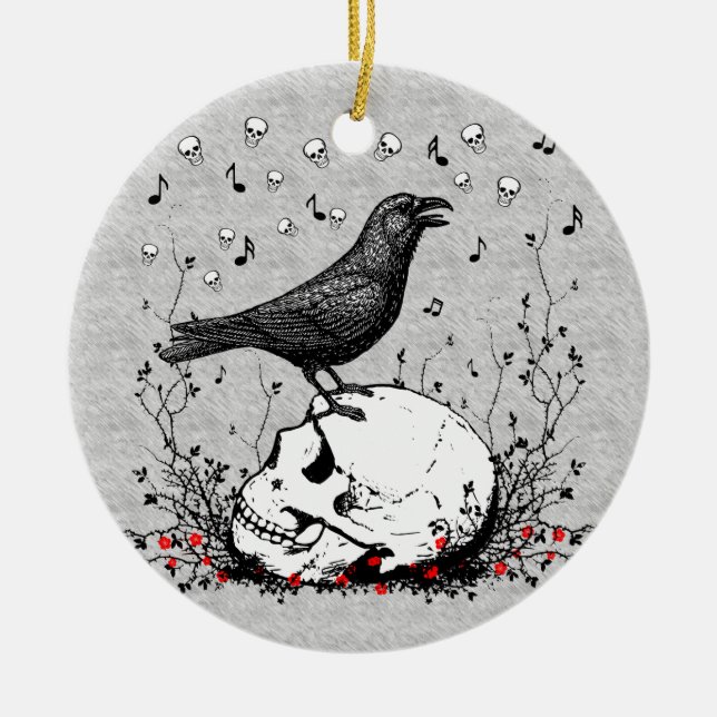 Raven Sings Song of Death on Skull Illustration Ceramic Tree Decoration (Front)