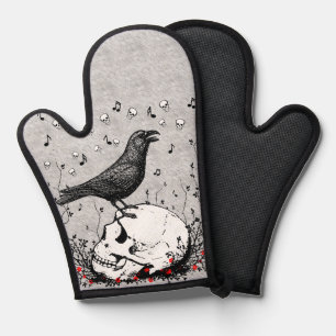 Raven Sings Song of Death on Skull Illustration Oven Mitt