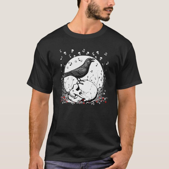 Raven Sings Song of Death on Skull Illustration T-Shirt (Front)