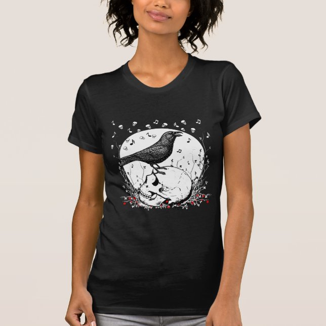 Raven Sings Song of Death on Skull Illustration T-Shirt (Front)