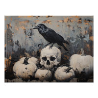 Raven Skull and White Pumpkins Painting