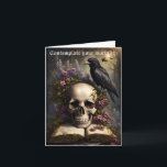 Raven Skull Book and Flowers Gothic Birthday Card<br><div class="desc">A raven perches on a skull placed on an open book and surrounded by flowers,  urging the viewer to "contemplate your mortality" on this Gothic-themed birthday card.  Beautiful,  with a touch of dark humour.</div>