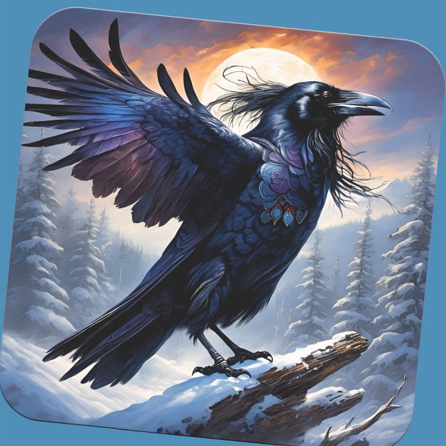 Raven Spirit Winter Solstice Full Moon Forest Bird Square Sticker (Winter solstice raven sticker)
